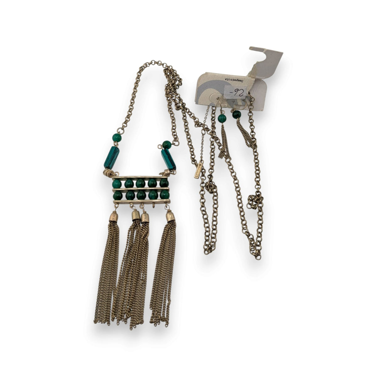 Boho Art Deco Faux Malachite Glass Tassel Necklace Earrings Set Gold Tone NWD