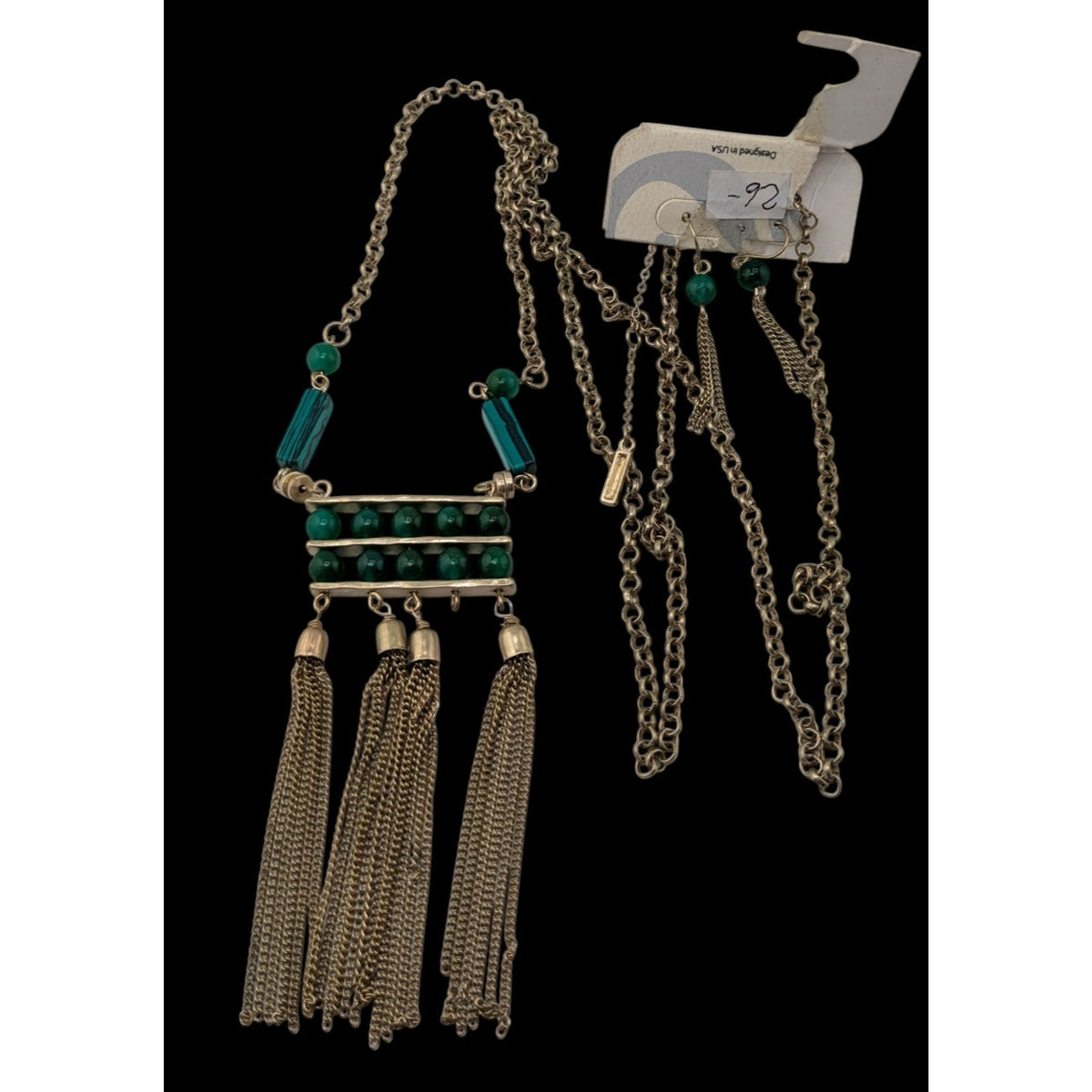 Boho Art Deco Faux Malachite Glass Tassel Necklace Earrings Set Gold Tone NWD