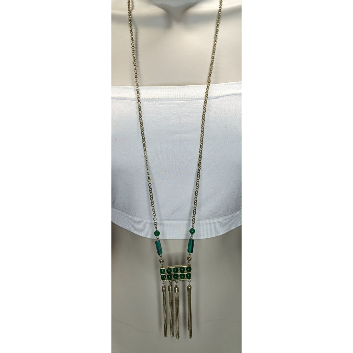 Boho Art Deco Faux Malachite Glass Tassel Necklace Earrings Set Gold Tone NWD