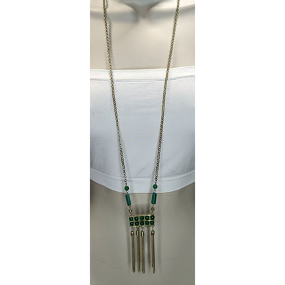 Boho Art Deco Faux Malachite Glass Tassel Necklace Earrings Set Gold Tone NWD