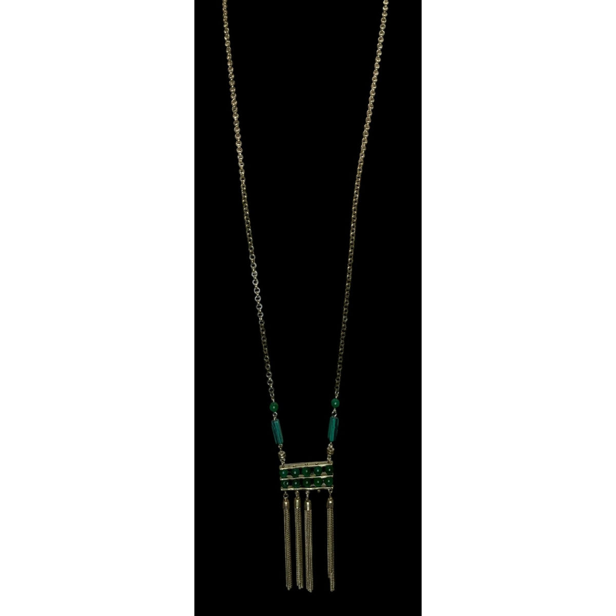 Boho Art Deco Faux Malachite Glass Tassel Necklace Earrings Set Gold Tone NWD