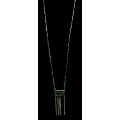 Boho Art Deco Faux Malachite Glass Tassel Necklace Earrings Set Gold Tone NWD