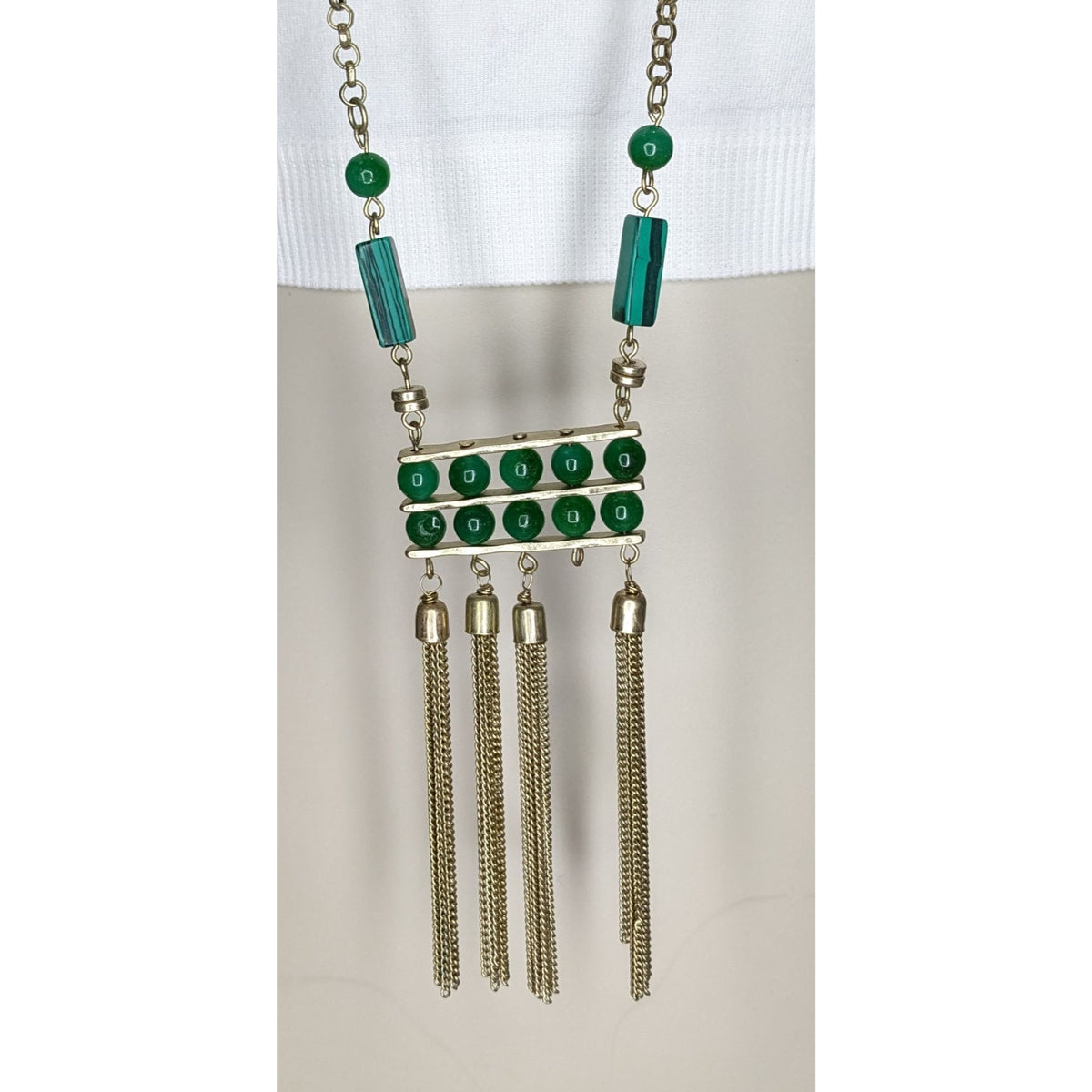 Boho Art Deco Faux Malachite Glass Tassel Necklace Earrings Set Gold Tone NWD