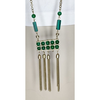 Boho Art Deco Faux Malachite Glass Tassel Necklace Earrings Set Gold Tone NWD