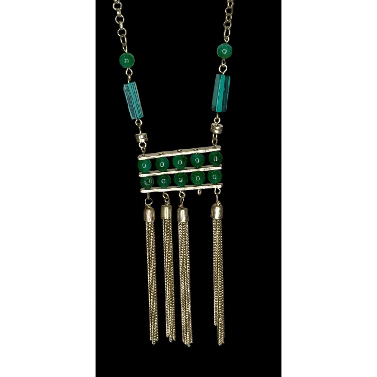 Boho Art Deco Faux Malachite Glass Tassel Necklace Earrings Set Gold Tone NWD