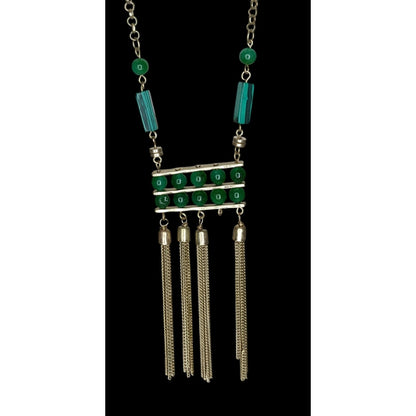 Boho Art Deco Faux Malachite Glass Tassel Necklace Earrings Set Gold Tone NWD