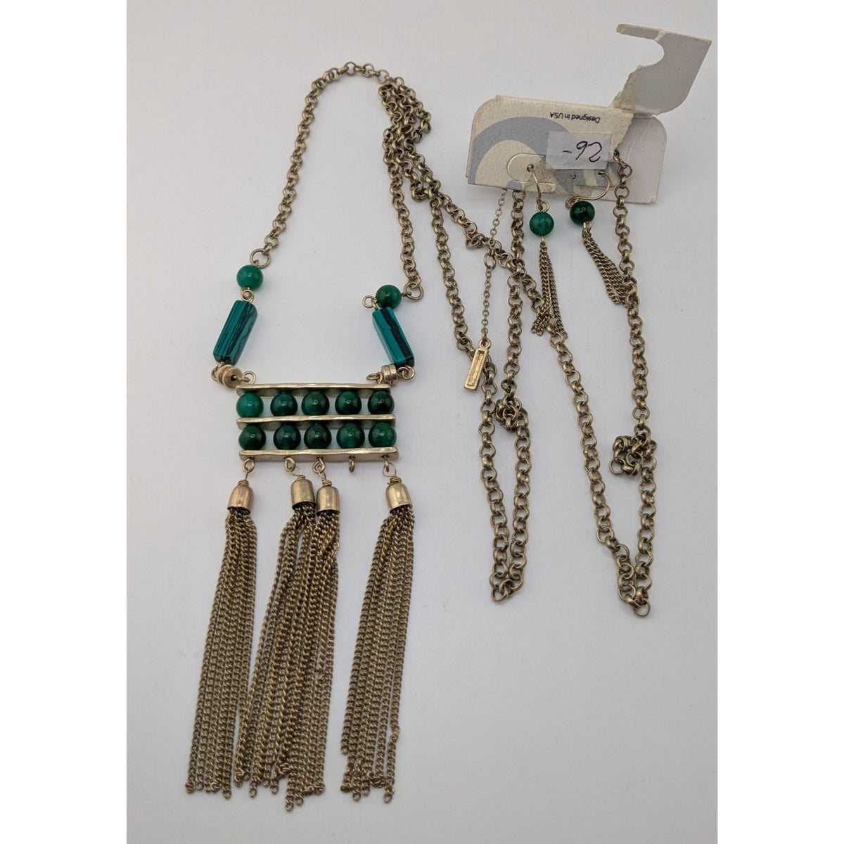 Boho Art Deco Faux Malachite Glass Tassel Necklace Earrings Set Gold Tone NWD