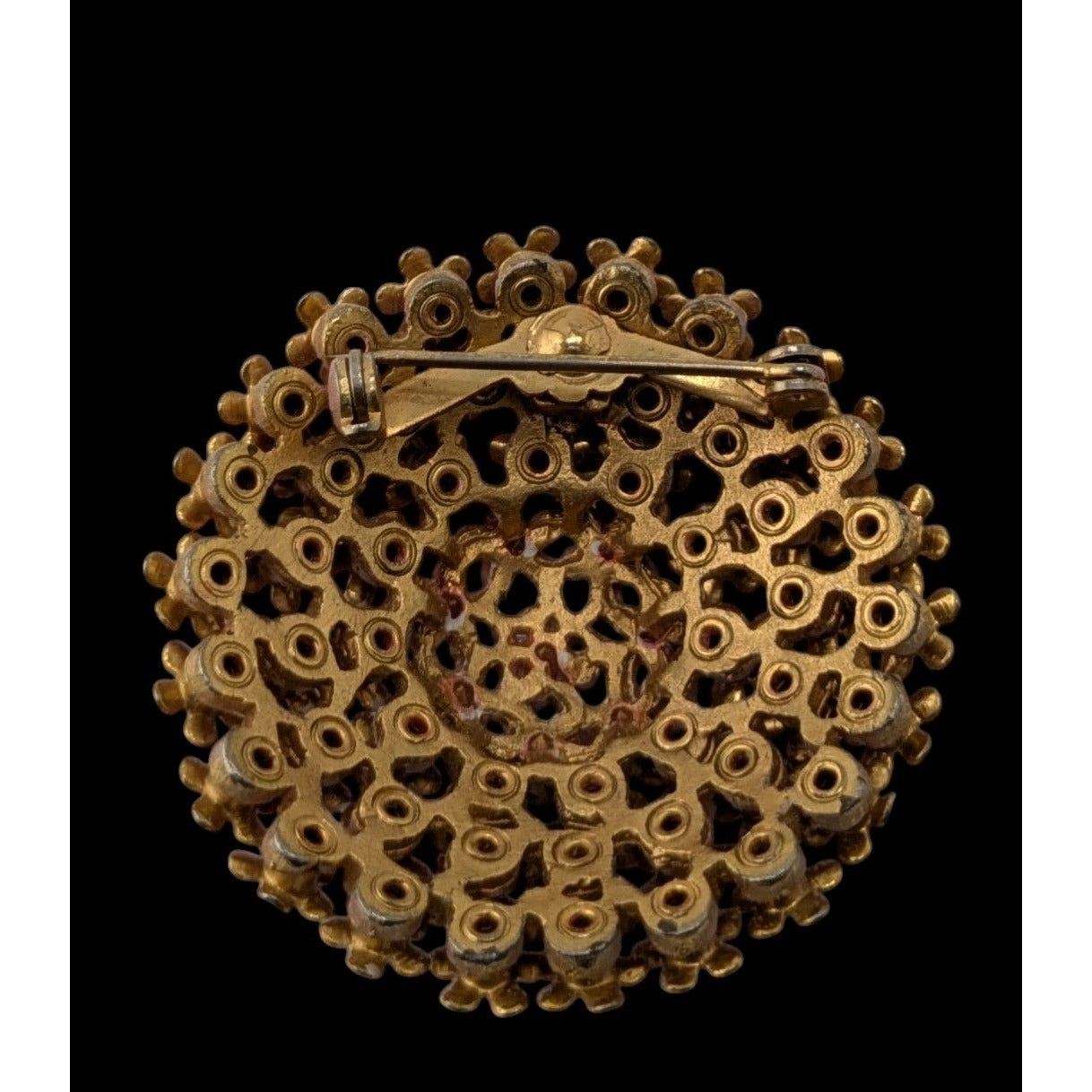 Vintage Pink Rhinestone Floral Dome Brooch