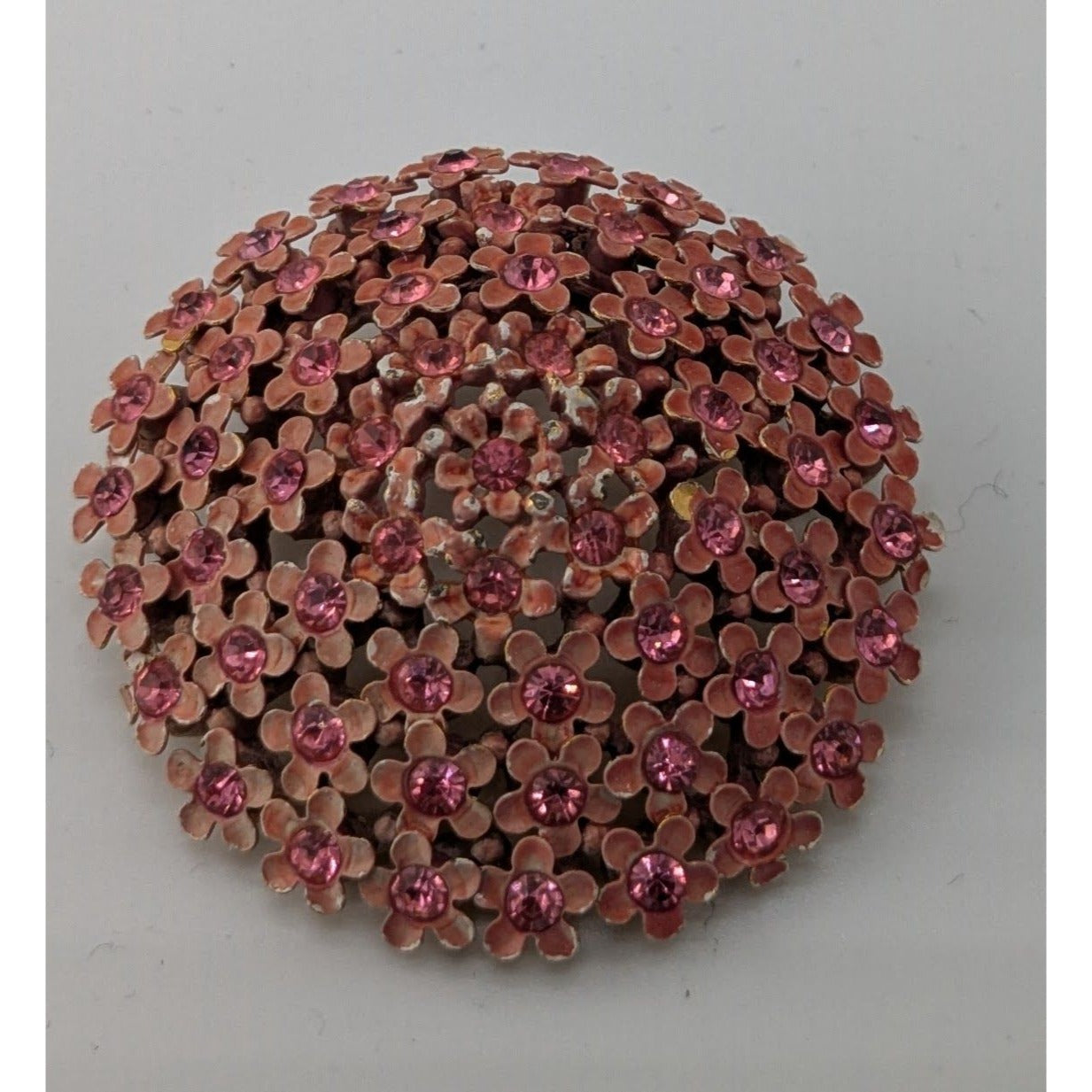 Vintage Pink Rhinestone Floral Dome Brooch