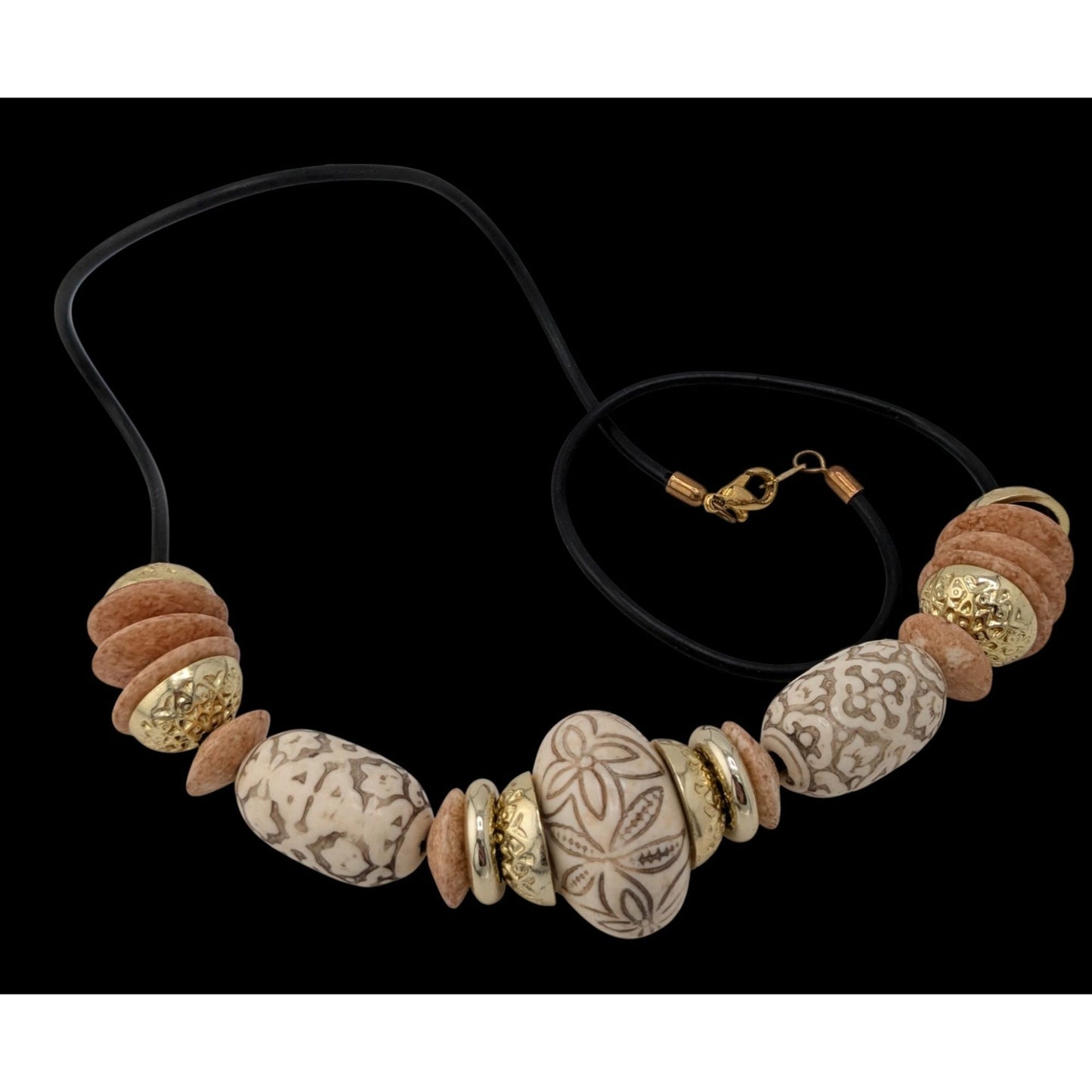 Boho Black Gold-Tone And Beige Acrylic Necklace With Accents Floral Etched Beads