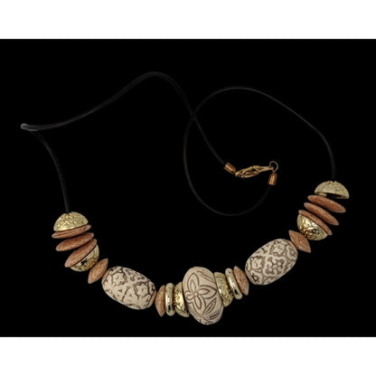 Boho Black Gold-Tone And Beige Acrylic Necklace With Accents Floral Etched Beads
