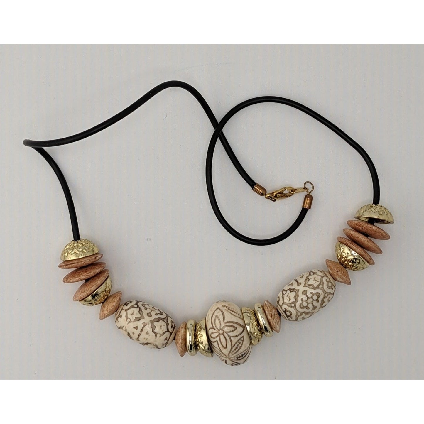 Boho Black Gold-Tone And Beige Acrylic Necklace With Accents Floral Etched Beads