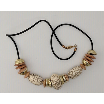 Boho Black Gold-Tone And Beige Acrylic Necklace With Accents Floral Etched Beads
