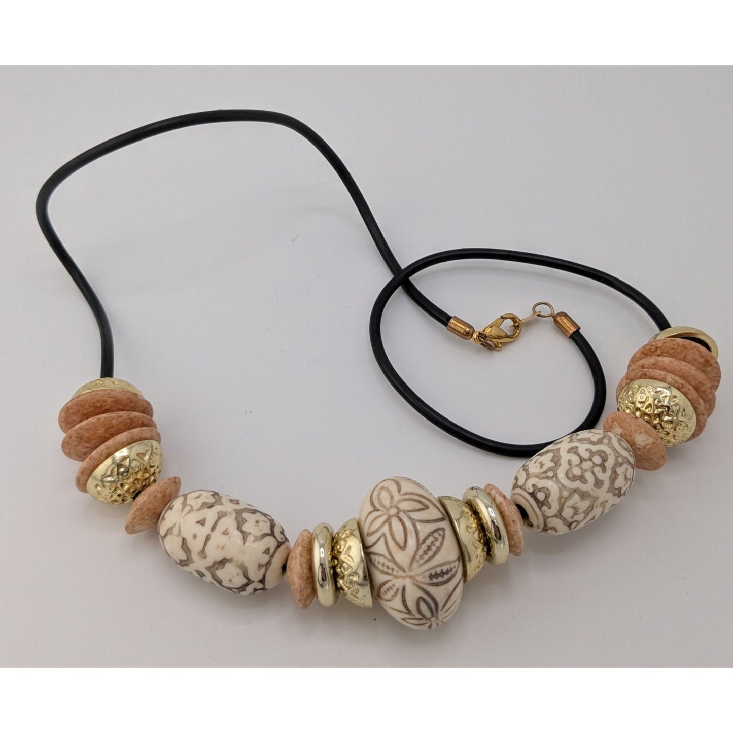 Boho Black Gold-Tone And Beige Acrylic Necklace With Accents Floral Etched Beads