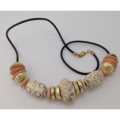 Boho Black Gold-Tone And Beige Acrylic Necklace With Accents Floral Etched Beads