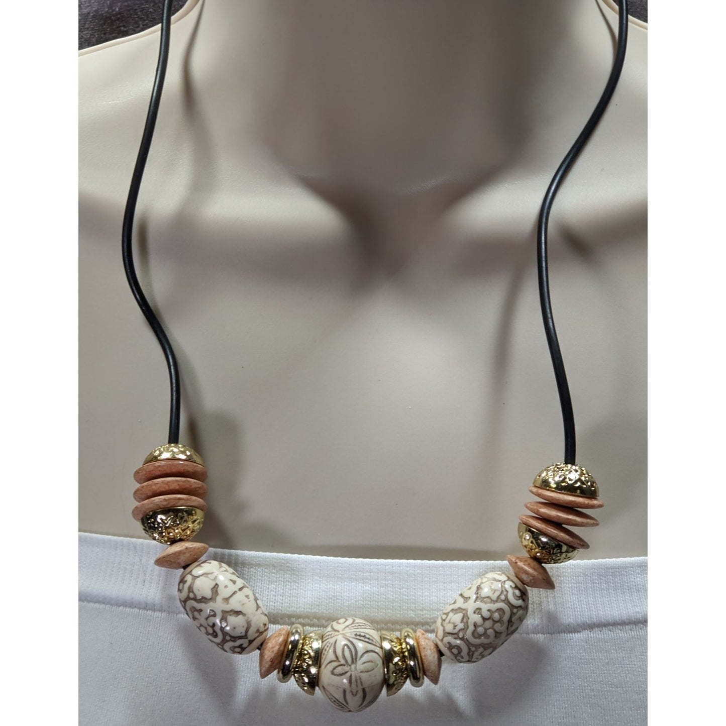 Boho Black Gold-Tone And Beige Acrylic Necklace With Accents Floral Etched Beads