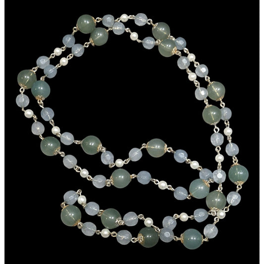 Vintage Retro Muted Blue And Green Beaded Necklace