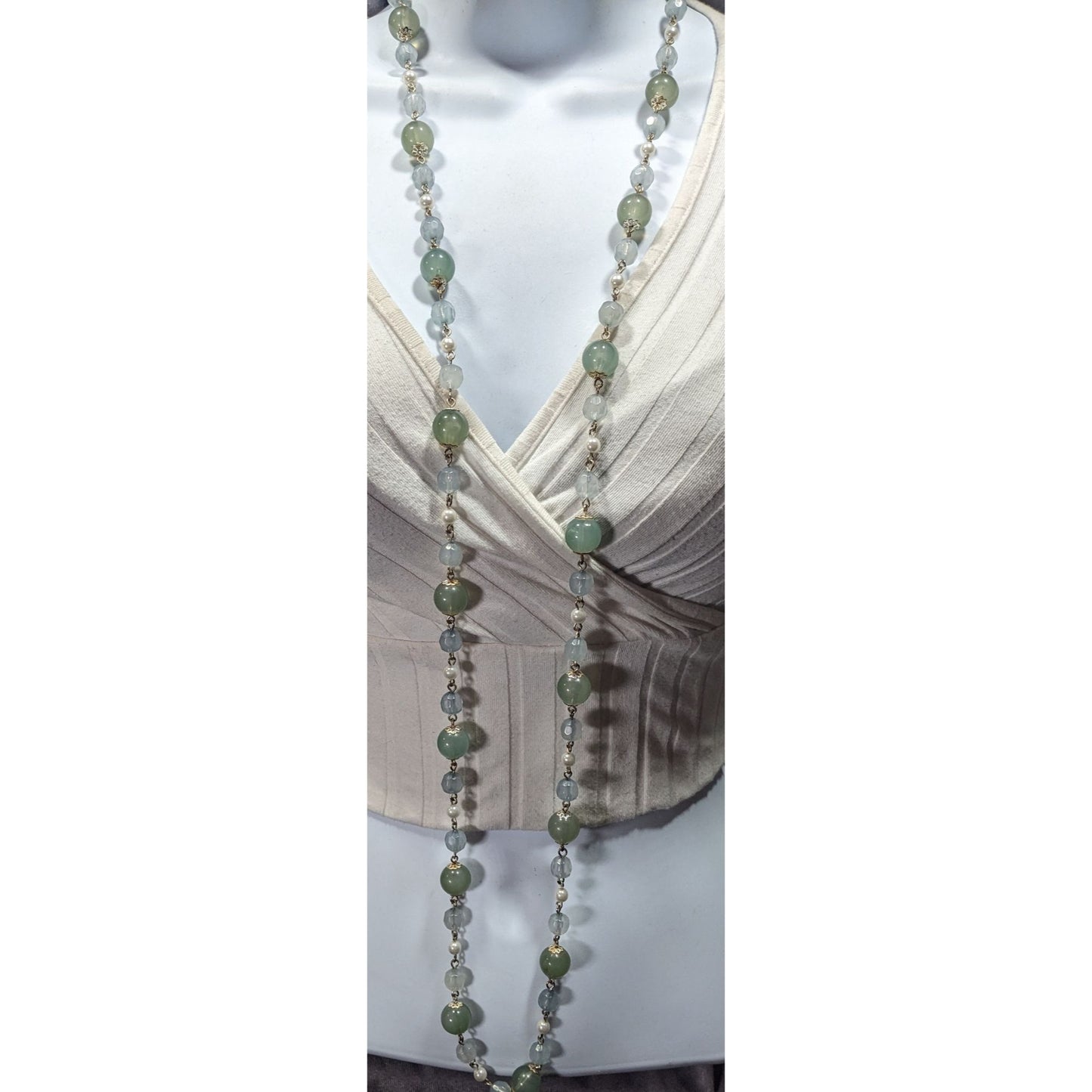 Vintage Retro Muted Blue And Green Beaded Necklace