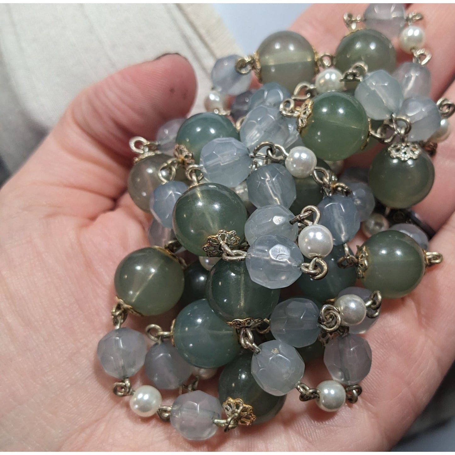 Vintage Retro Muted Blue And Green Beaded Necklace