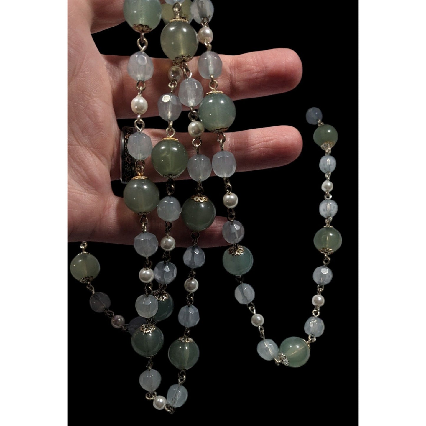 Vintage Retro Muted Blue And Green Beaded Necklace