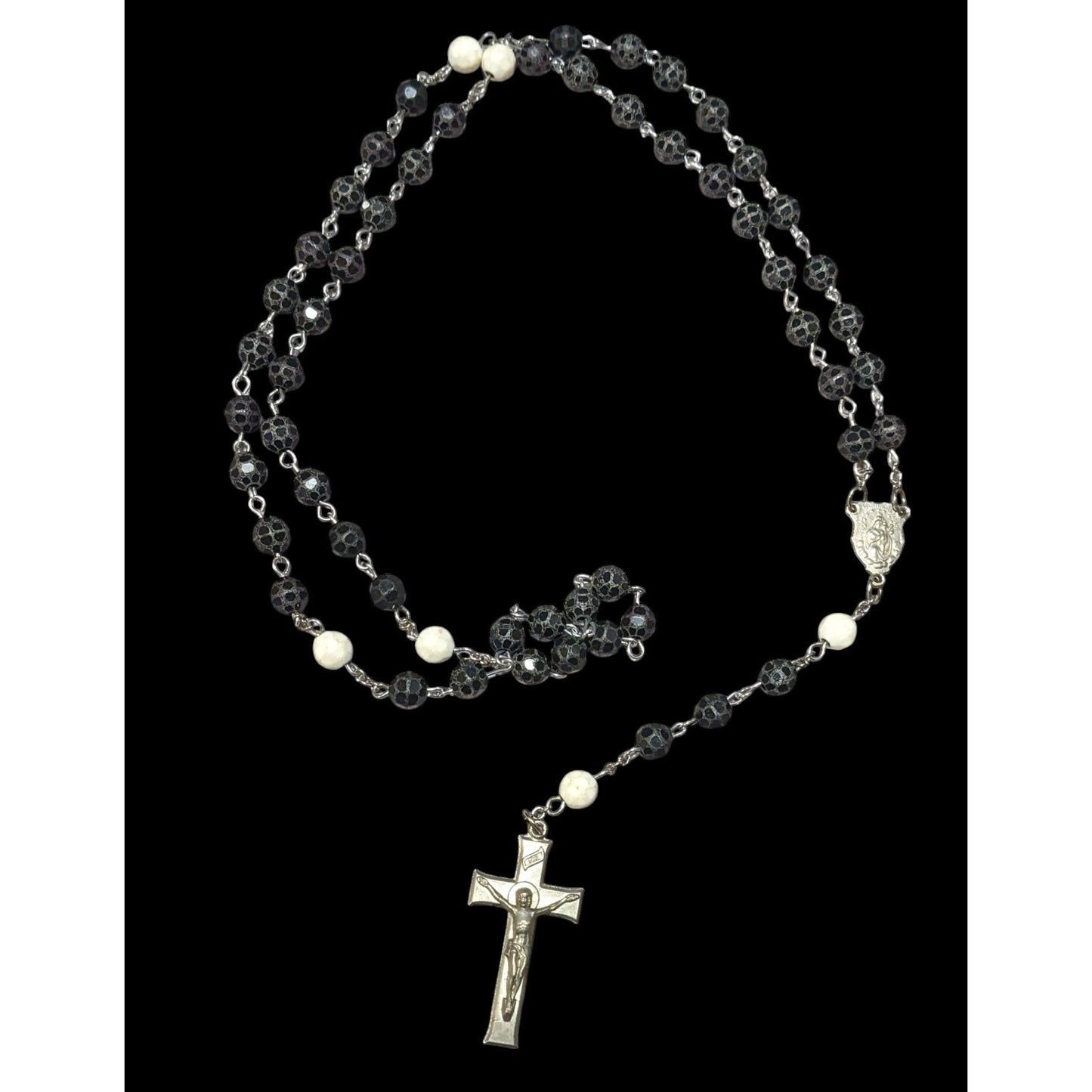 Vintage Black White And Silver Tone Textured Beaded Rosary Necklace