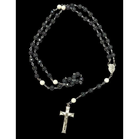 Vintage Black White And Silver Tone Textured Beaded Rosary Necklace