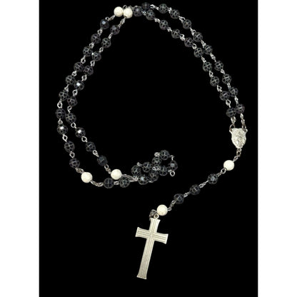 Vintage Black White And Silver Tone Textured Beaded Rosary Necklace