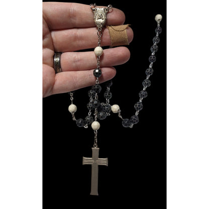 Vintage Black White And Silver Tone Textured Beaded Rosary Necklace