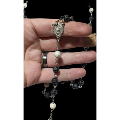 Vintage Black White And Silver Tone Textured Beaded Rosary Necklace