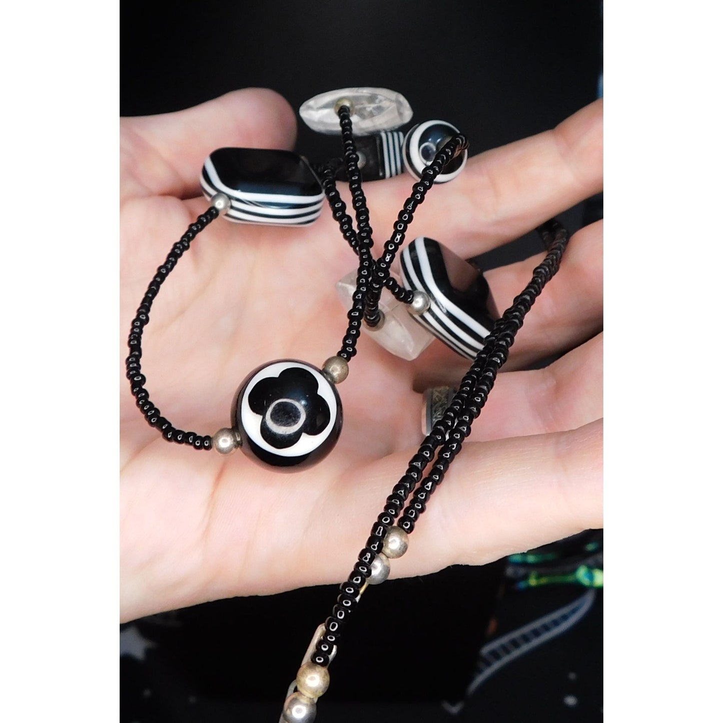 Funky Gothic Black And White Abstract Beaded Necklace