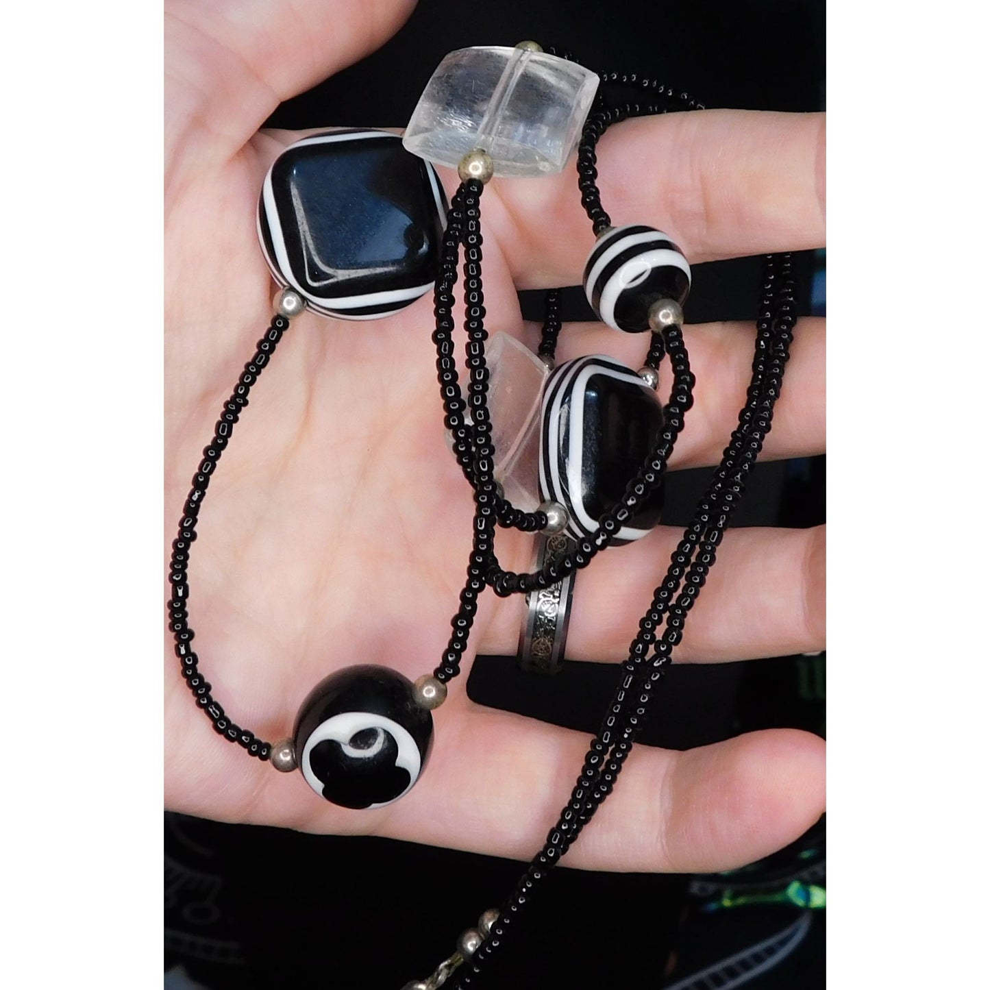 Funky Gothic Black And White Abstract Beaded Necklace