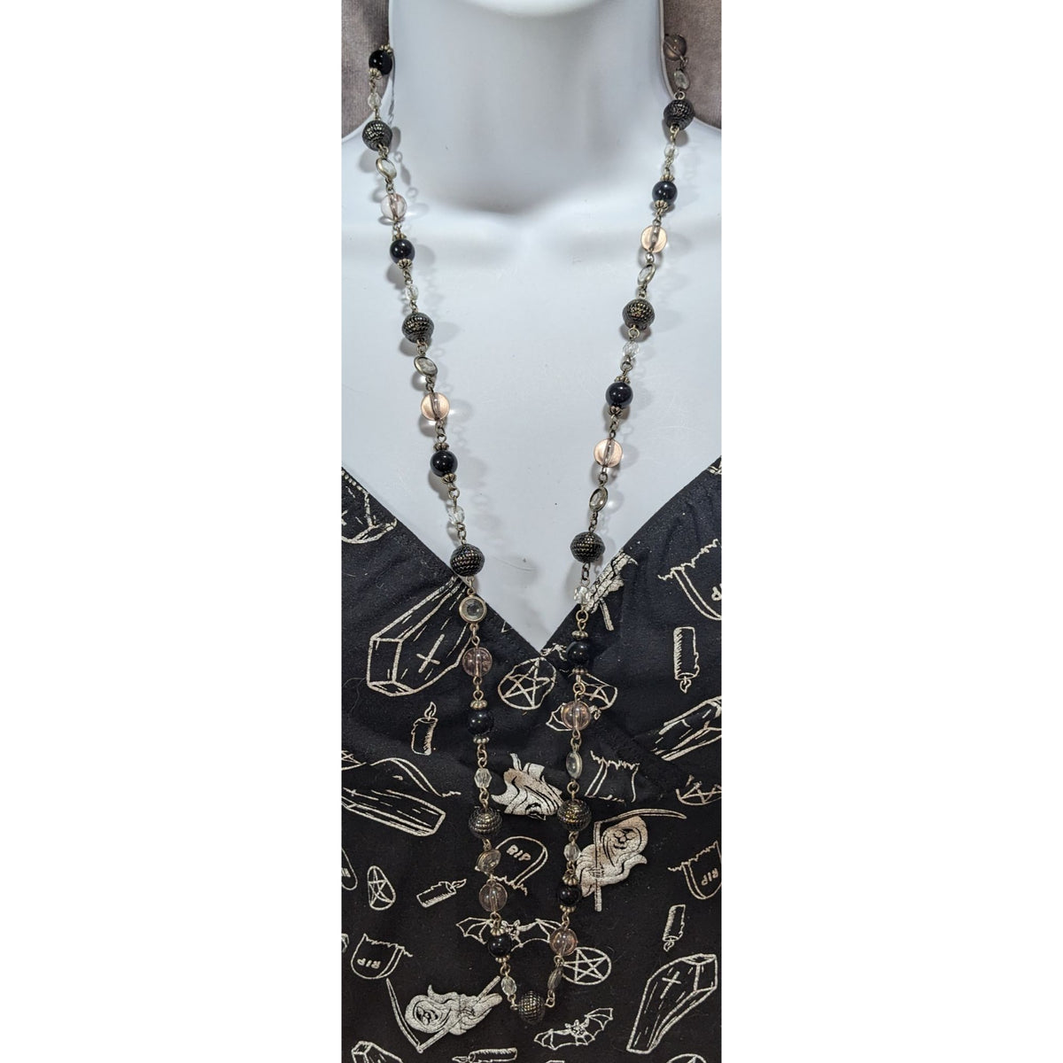 NY Collection Gothic Glam Black Clear Beaded Long Station Necklace 37 Inch