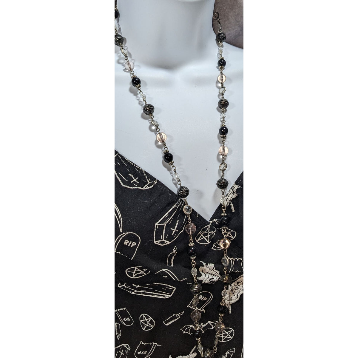NY Collection Gothic Glam Black Clear Beaded Long Station Necklace 37 Inch