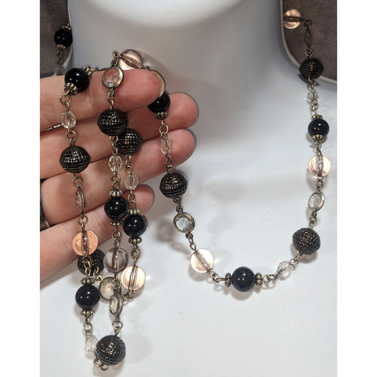 NY Collection Gothic Glam Black Clear Beaded Long Station Necklace 37 Inch