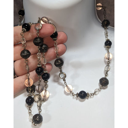 NY Collection Gothic Glam Black Clear Beaded Long Station Necklace 37 Inch