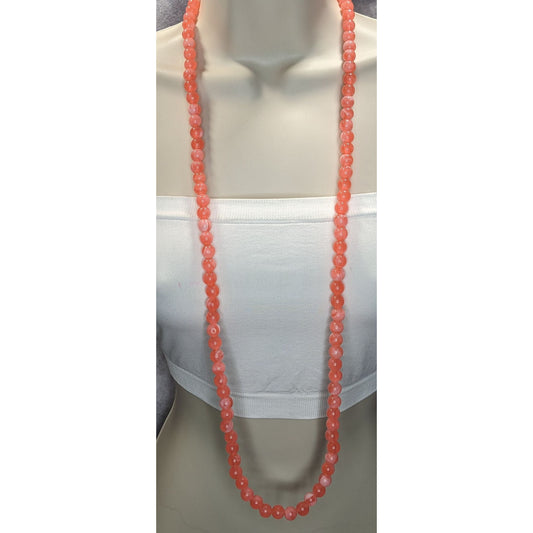 Boho Retro Vintage Salmon Pink Marbled Beaded Long Strand Necklace