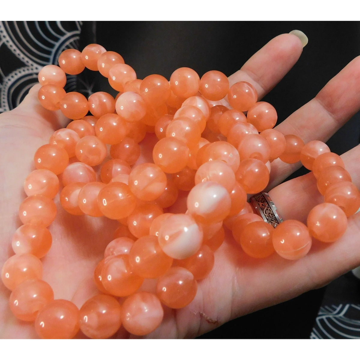 Boho Retro Vintage Salmon Pink Marbled Beaded Long Strand Necklace