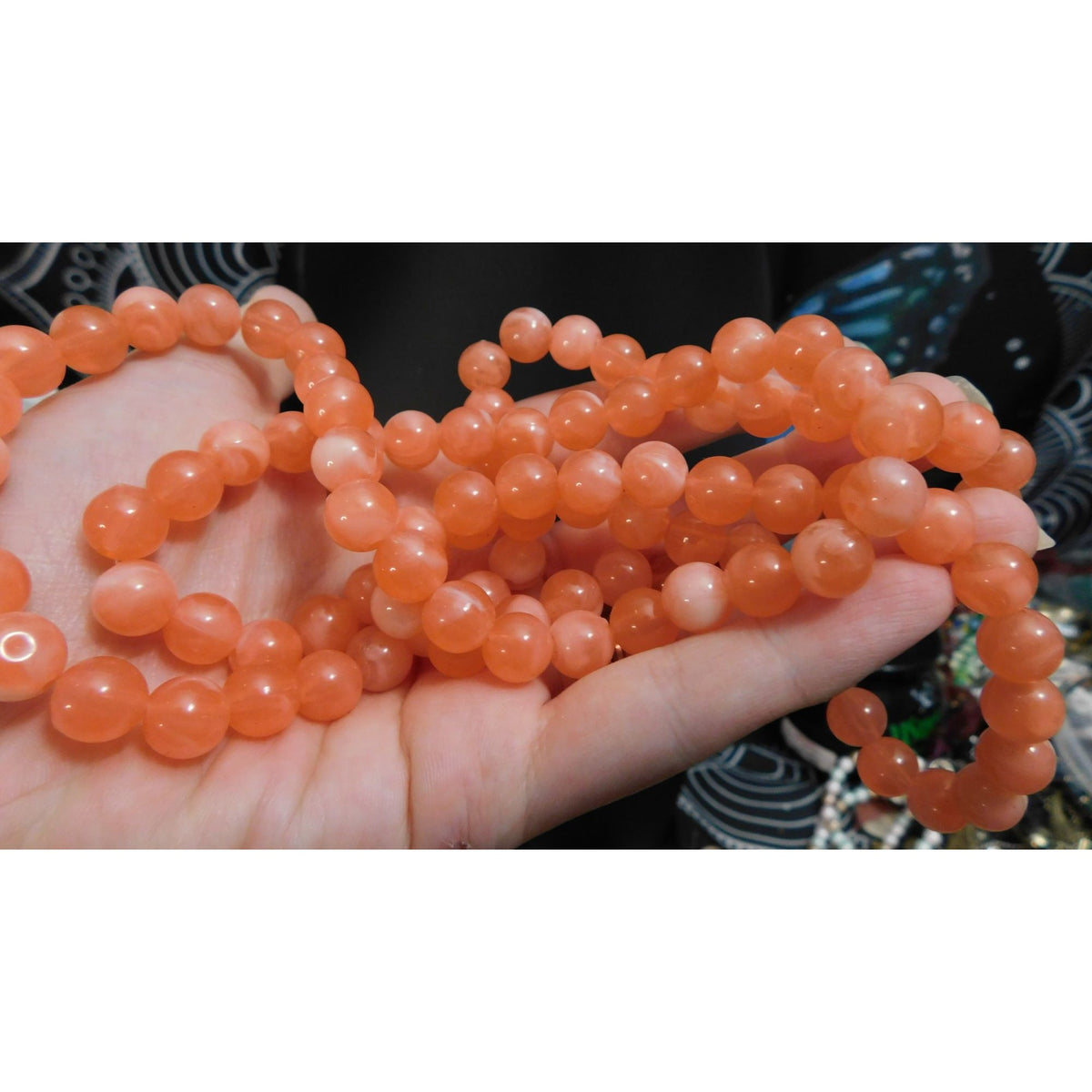 Boho Retro Vintage Salmon Pink Marbled Beaded Long Strand Necklace