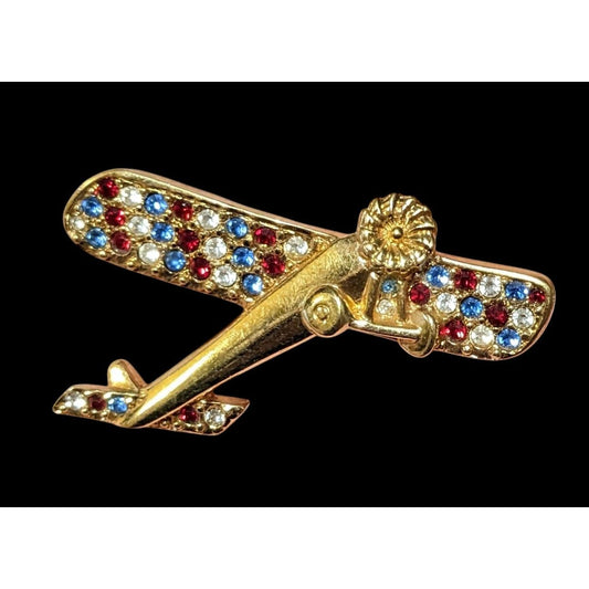 Vintage Gold Tone Swarovski Crystal Airplane Brooch