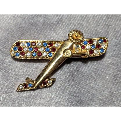 Vintage Gold Tone Swarovski Crystal Airplane Brooch