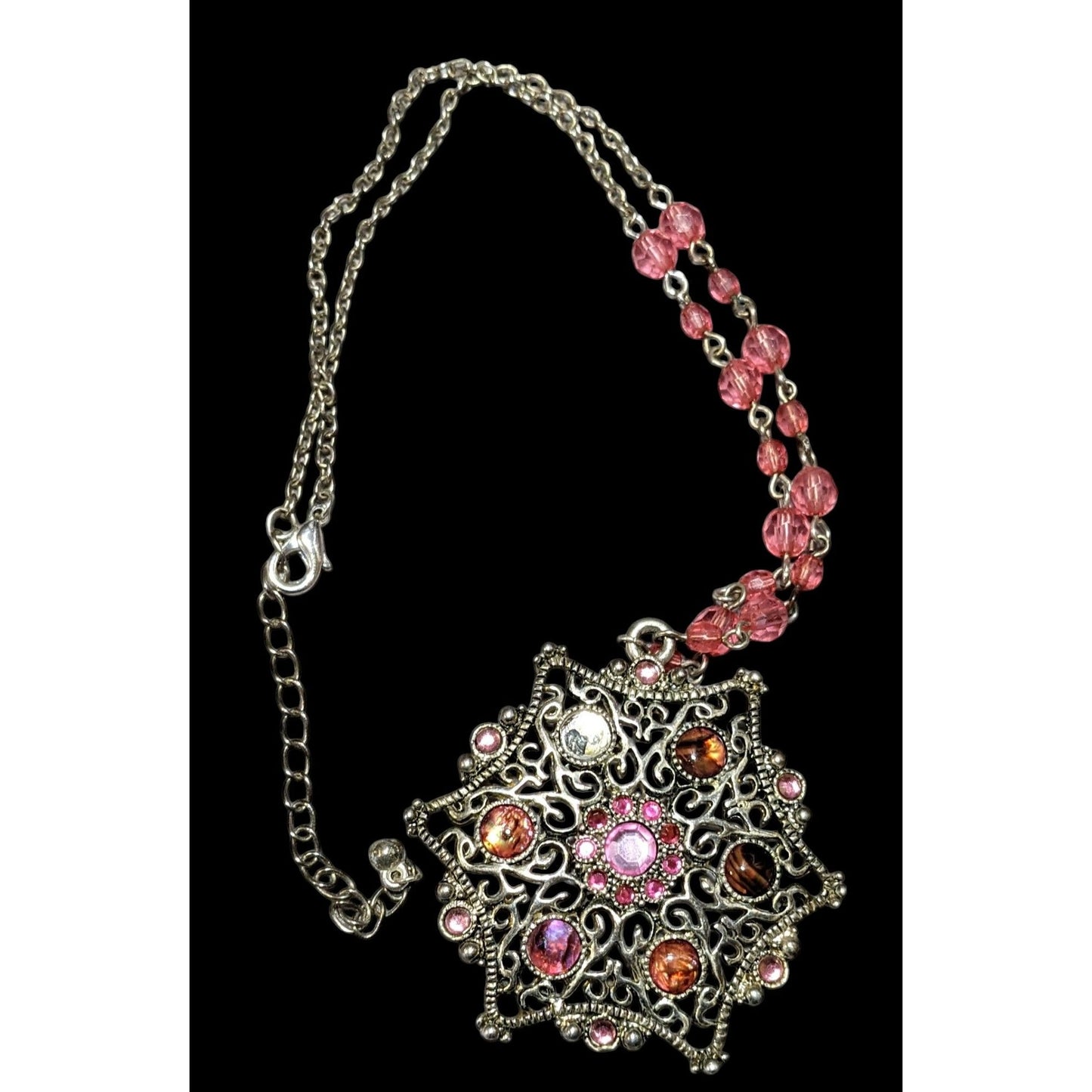 Vintage Coquette Pink And Silver Beaded Snowflake Necklace