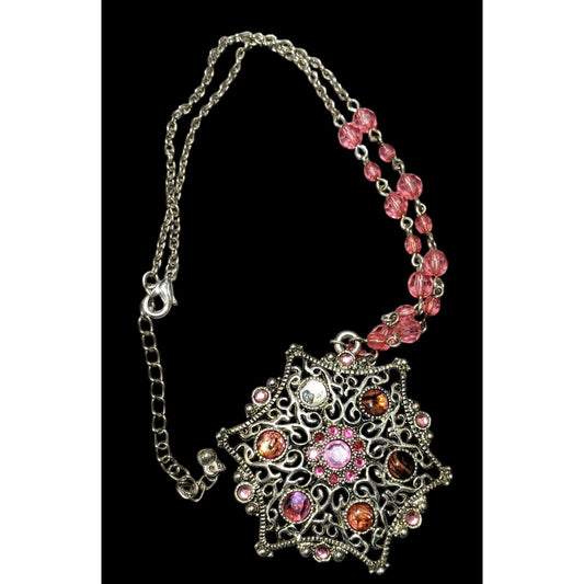 Vintage Coquette Pink And Silver Beaded Snowflake Necklace