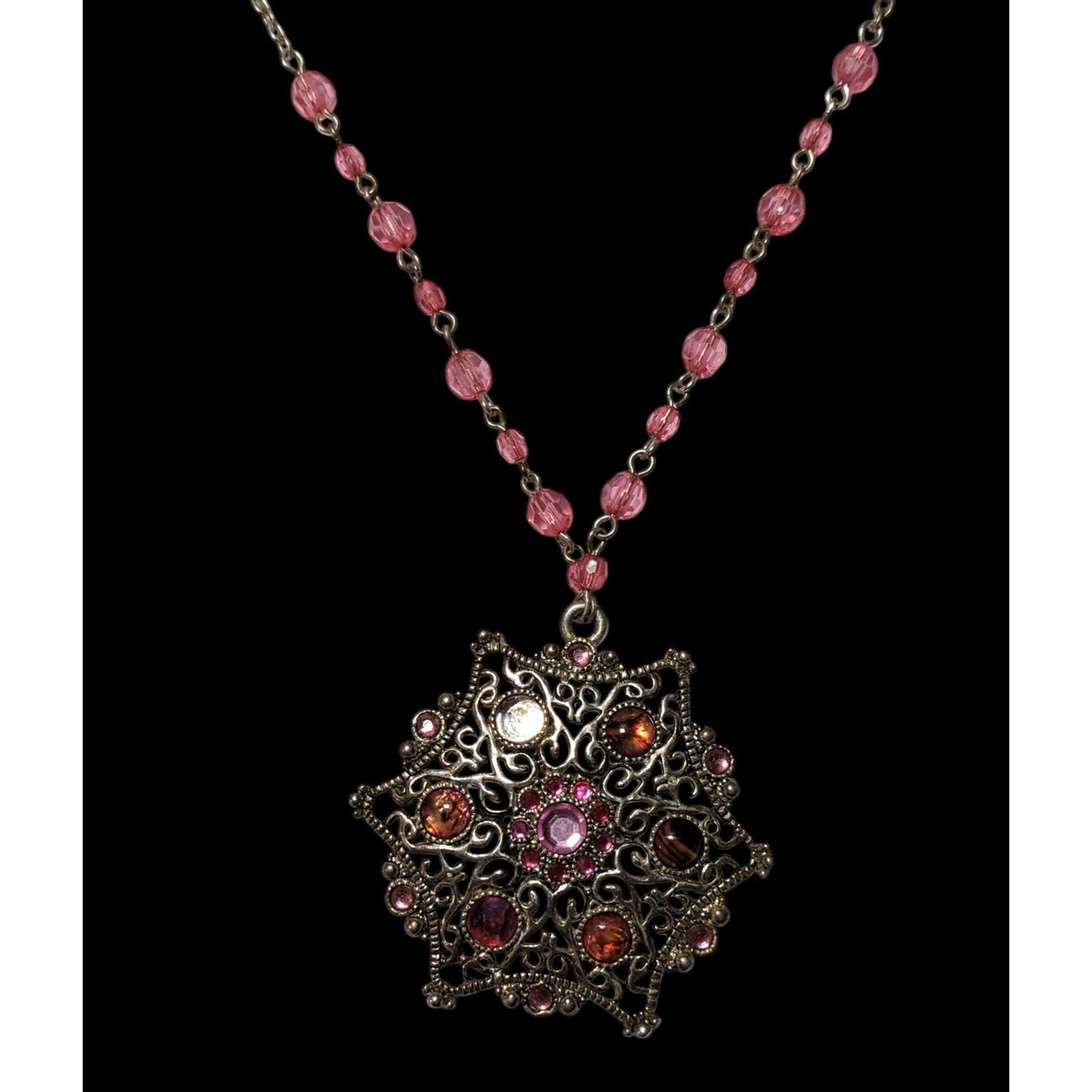 Vintage Coquette Pink And Silver Beaded Snowflake Necklace