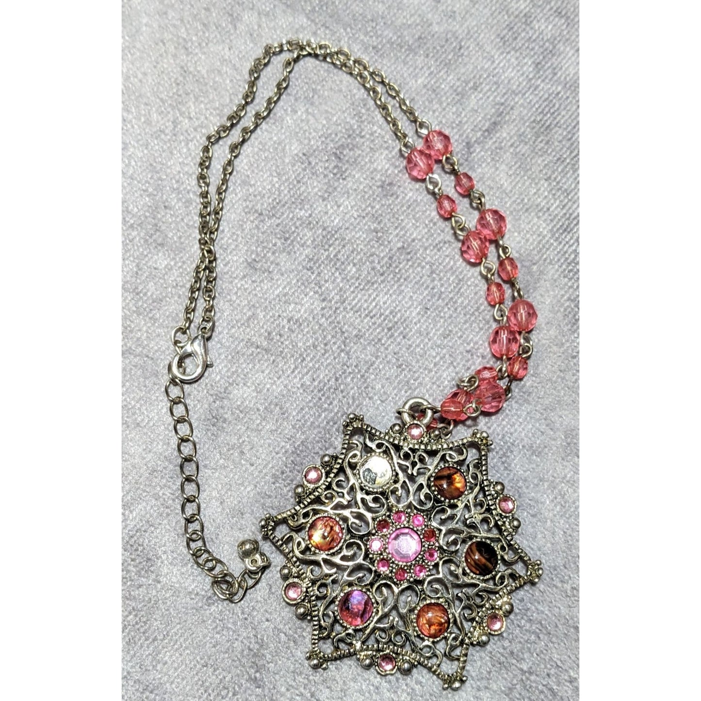 Vintage Coquette Pink And Silver Beaded Snowflake Necklace