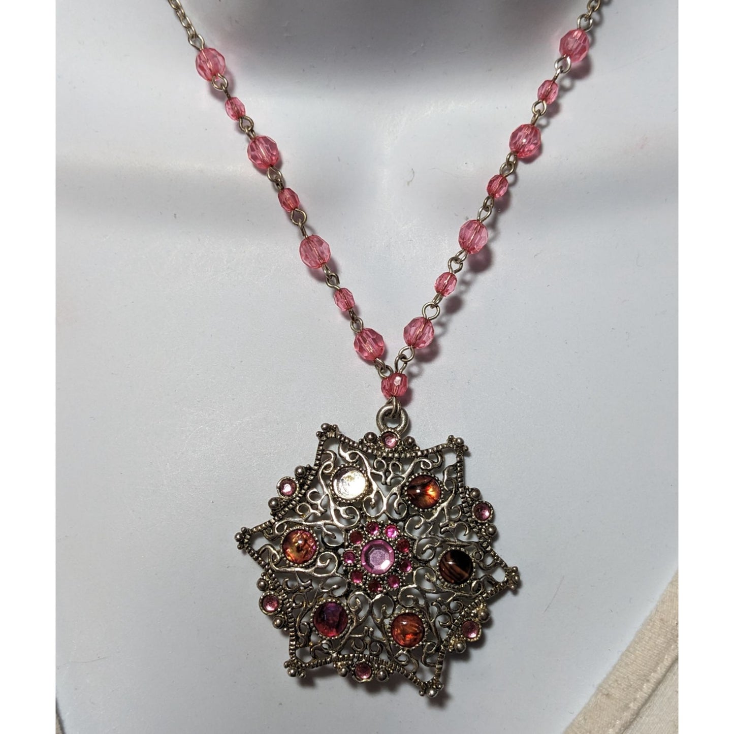 Vintage Coquette Pink And Silver Beaded Snowflake Necklace