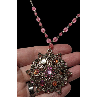 Vintage Coquette Pink And Silver Beaded Snowflake Necklace