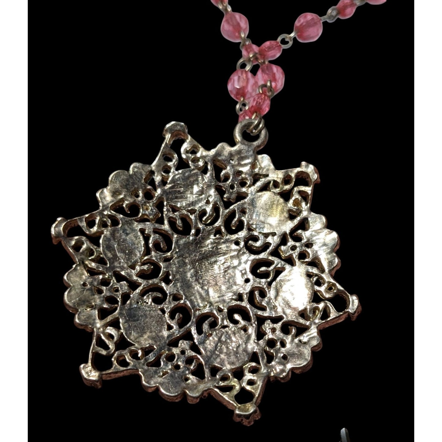 Vintage Coquette Pink And Silver Beaded Snowflake Necklace