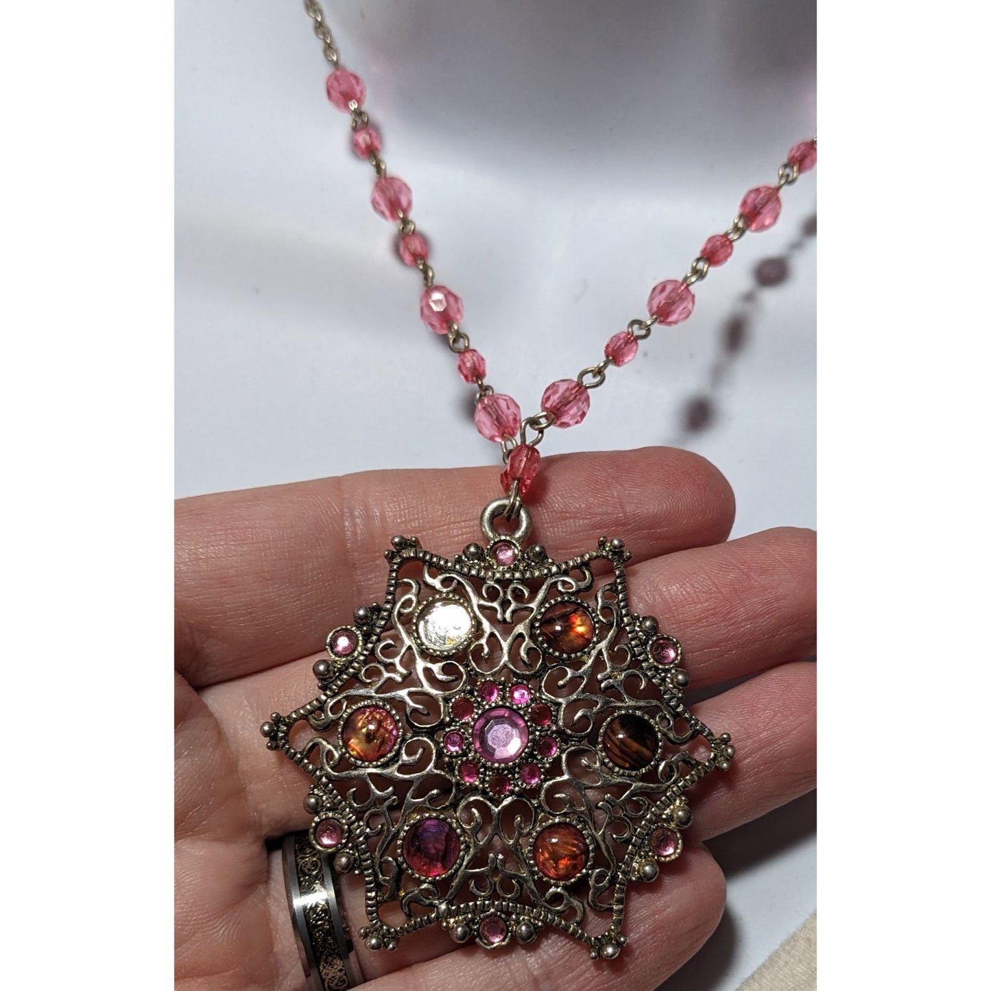 Vintage Coquette Pink And Silver Beaded Snowflake Necklace