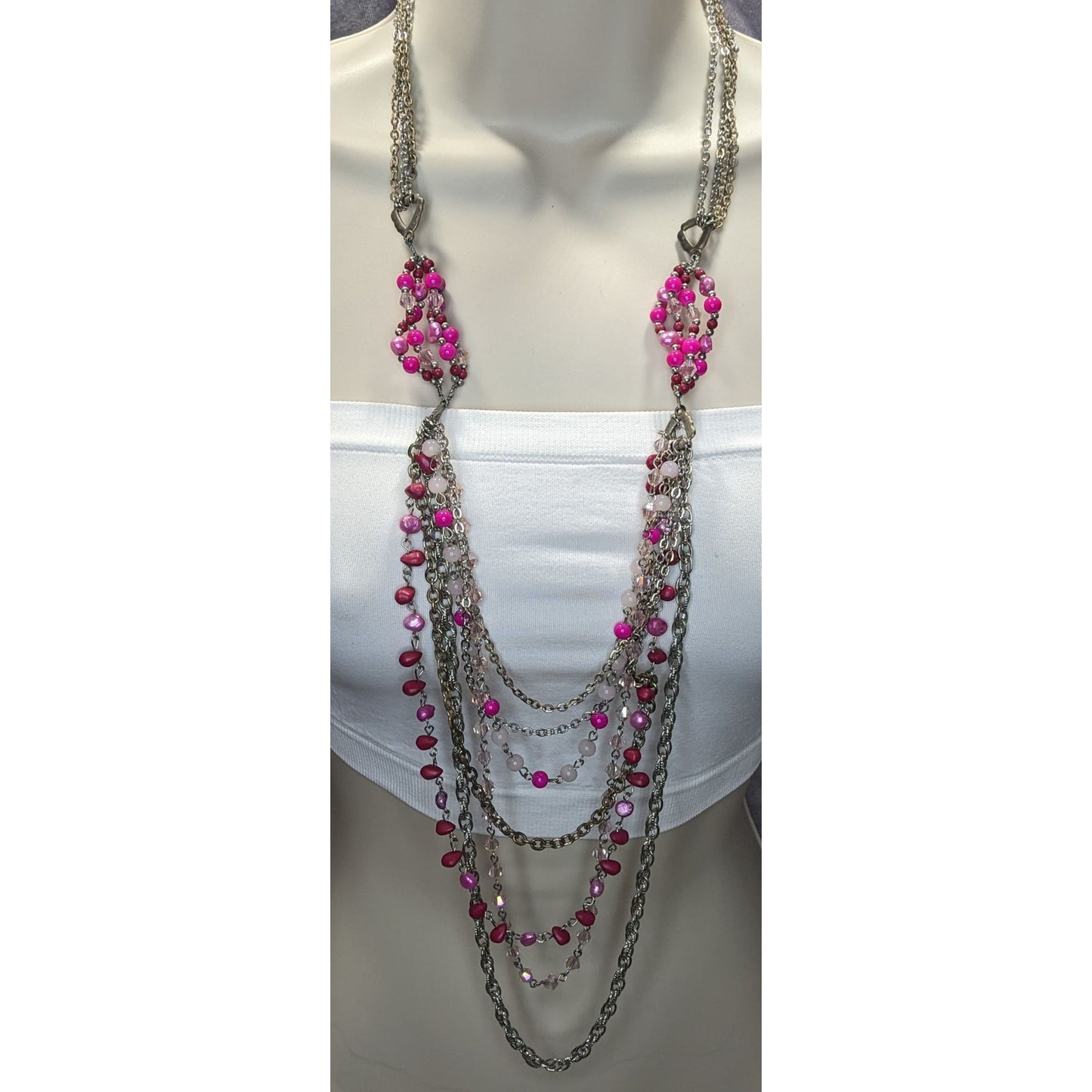 Vintage Y2K Multilayer Pink Bead & Chain Necklace