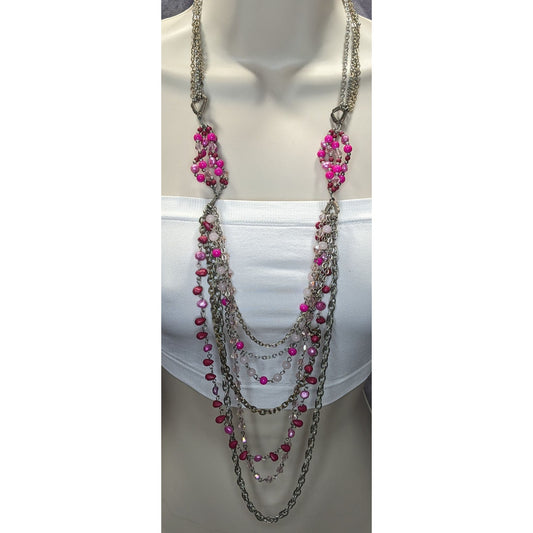 Vintage Y2K Multilayer Pink Bead & Chain Necklace